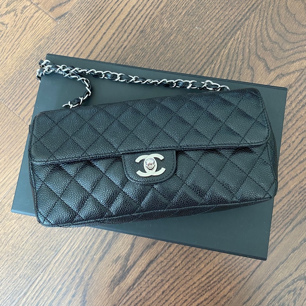 [Sold] Chanel East West Black Caviar Single Flap Silvertone Metalwork